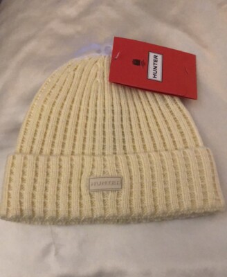 Hunter Ribbed Cable Knit Cuffed Beanie Hat White Willow OS  display picture 1