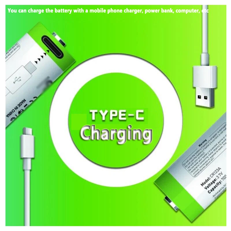 Lote de 2/4 piezas de batería recargable de iones de litio USB 700mAh CR123A/17345 3,7V tipo C Foto 3 de 4