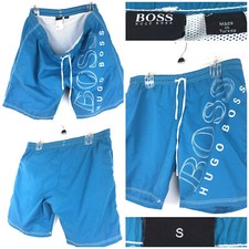 Hugo Boss Mens Small 36in Waist Blue Logo Pool Surfing Beach Lined Swim Trunks