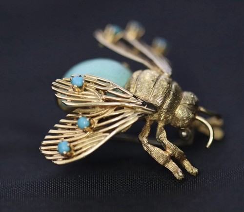 Solid Yellow 18K Gold & Turquoise Bee Brooch /Pin 12.2 Grams - Picture 6 of 9