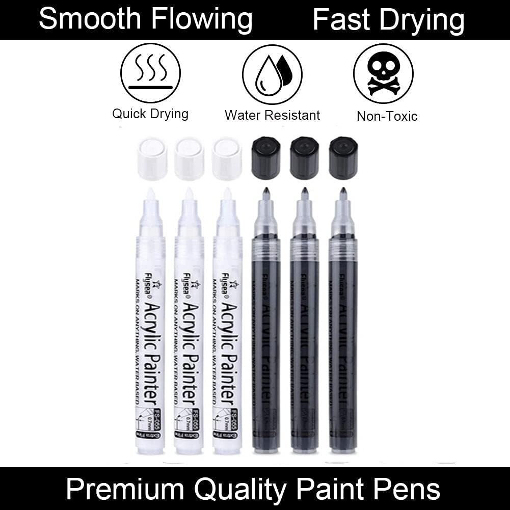 Black Paint Pens 6 Pack 0.7Mm Acrylic Black Permanent Marker White