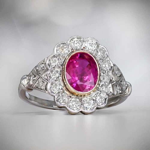 Art Deco Oval Cut Pink Ruby &Lab Created Diamond Halo Engagement 925 Silver Ring