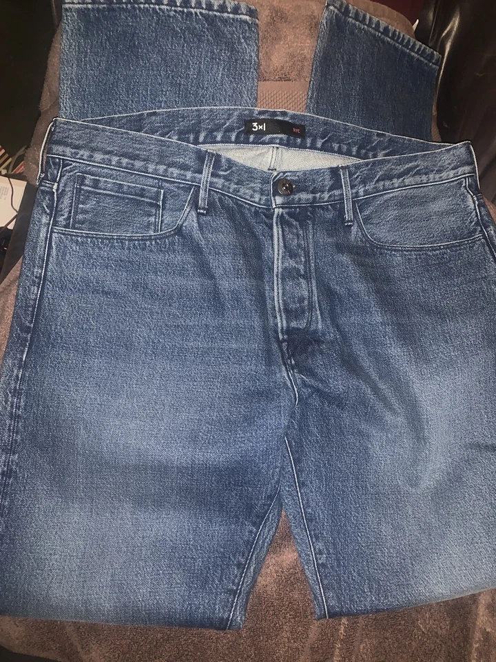 3x1 Jeans Men’s 38x35 Blue Selvedge M3 Straight Leg Mid Rise Button Fly Made NYC - Image 2 of 4