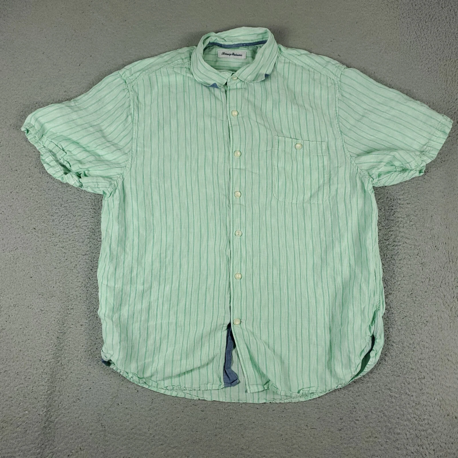 Tommy Bahama Shirt Mens Large Green Striped Cotton Button Up Short Sleeve