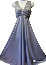 Milco Lingerie Womens S Blue Gray Sleeveless Maxi Gown V Neck & Back Nylon Satin