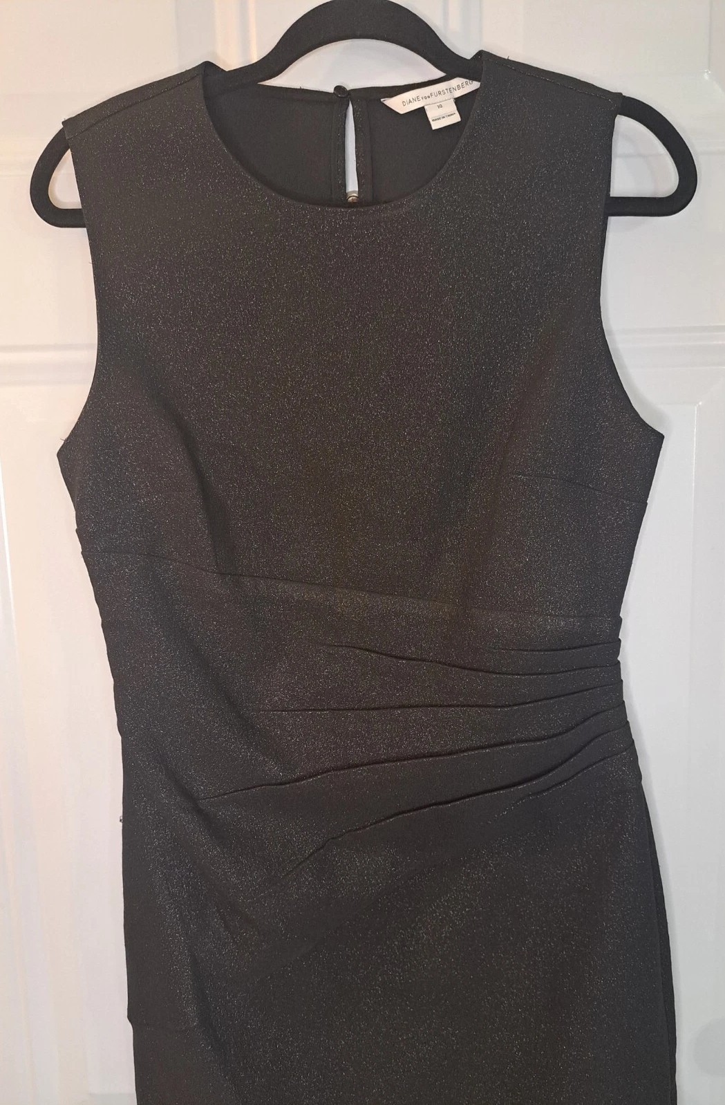 Diane Von Furstenberg Black Shimmer Sheath Dress Size 10 Ruched Side Sleeveless