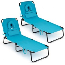 2PCS Folding Beach Sun Lounger w/Face Hole Removable Pillows 4-Position Backrest