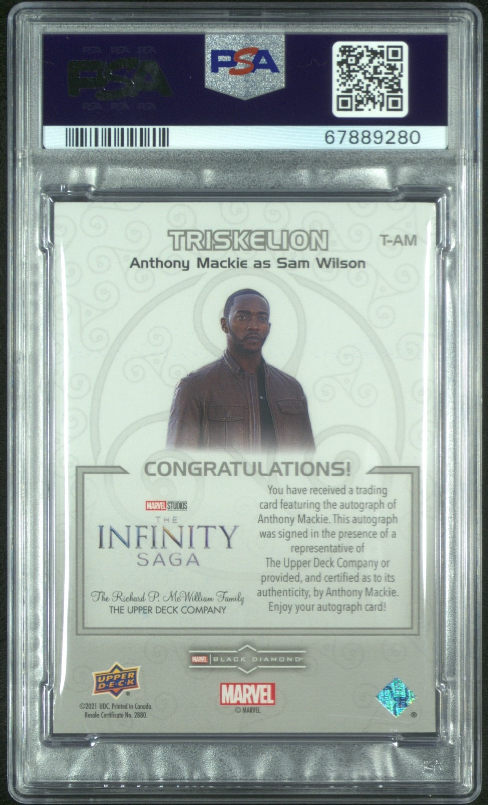 2021 Upper Deck Marvel Black Diamond Anthony Mackie Auto Autograph #d /35 PSA 8 view 2