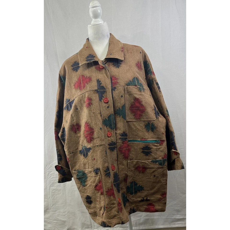 Abrigo de Granero de Colección Southwest Aztec Chore Talla 1X Bolsillos Forrados para Mujer Hecho a Mano Foto 3 de 4