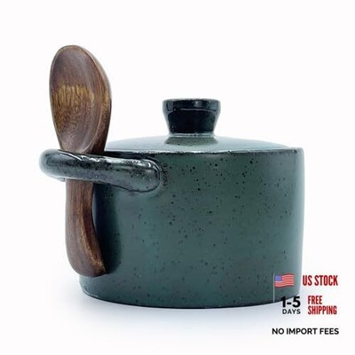 8 oz Ceramic Salt Cellar with Lid & Wooden Spoon - Countertop Salt - Deep Blue