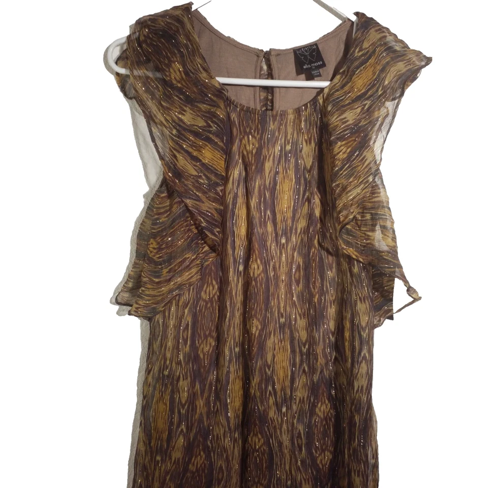 Vestido Ella Moss Seda Metálico Manga Acampanada Pequeño Dorado Estampado Ikat Nuevo con Etiquetas Foto 2 de 4