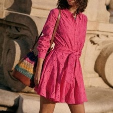 Sezane Hot Pink Eyelet Sol Long Sleeve Mini Shirt Dress Barbie Coquette Size 34