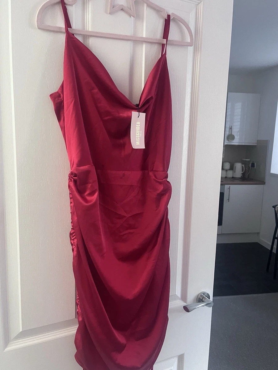 missguided red satin dress MISSGUIDED Satin Cowl Neck Strappy Side Thigh High Slit Maxi Dress  ChristmasMISSGUIDED