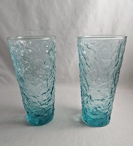 Pair Of 2 Vintage Anchor Hocking Lido Milano Aqua Blue Crinkle 12 oz Tumblers