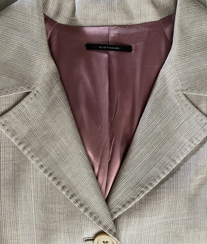 Jaqueta/saia Elie Tahari 2 peças mistura de seda tweed bege manga curta punho tamanho médio - Imagem 3 de 4