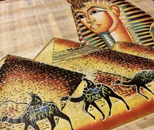 Rare Vintage Egyptian Papyrus Painting  King Tut , Nefertiti ,Pyramids 12x8”