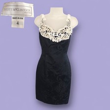 Vtg 90s Scott McClintock Petites Damask Lace Pearl Dress Black Cocktail Gala 4