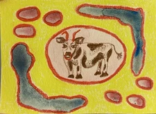 ACEO Art Card Original Mixed Media Painting, Cow, 2.5" x 3.5"