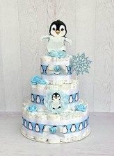 3 Tier Blue Penguin Diaper Cake Baby Shower Boy  Kirkland Diaper 