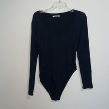 Mangopop Black V Neck Long Sleeve L Bodysuit Soft Comfy Classic Normcore