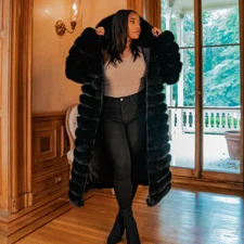 New Natural Real Fox Fur Coat Hood Long Jacket Women Full Pelt Overcoat Outwear