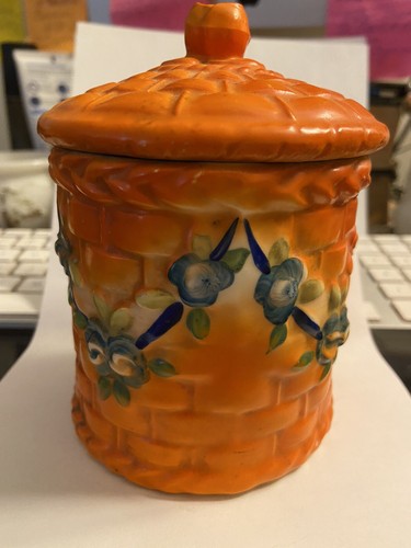 Tschechoslowakei Gewürzdose mit Deckel orange mit Korb und Design