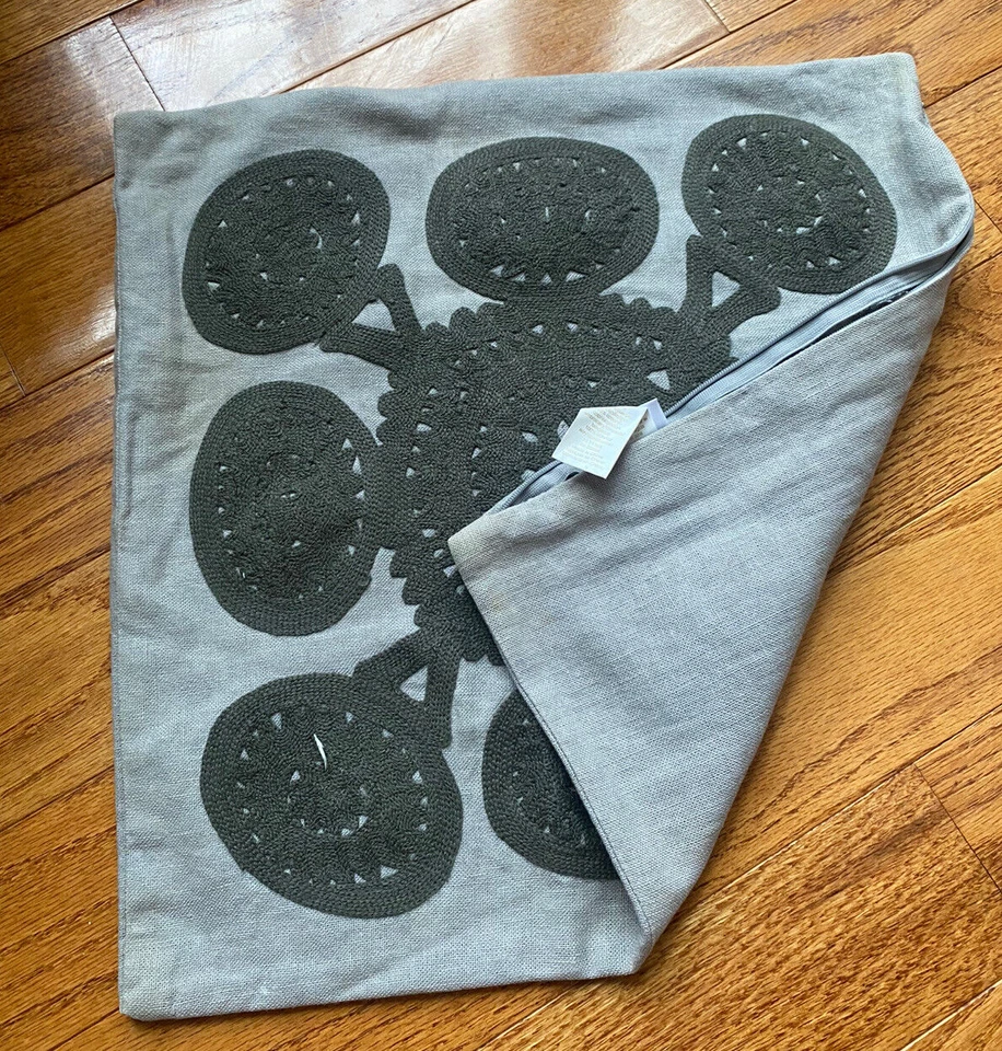 West Elm Gray embroidered Cotton Linen Pillow Cover Case Sham 16” Taupe Square - Image 3 of 4