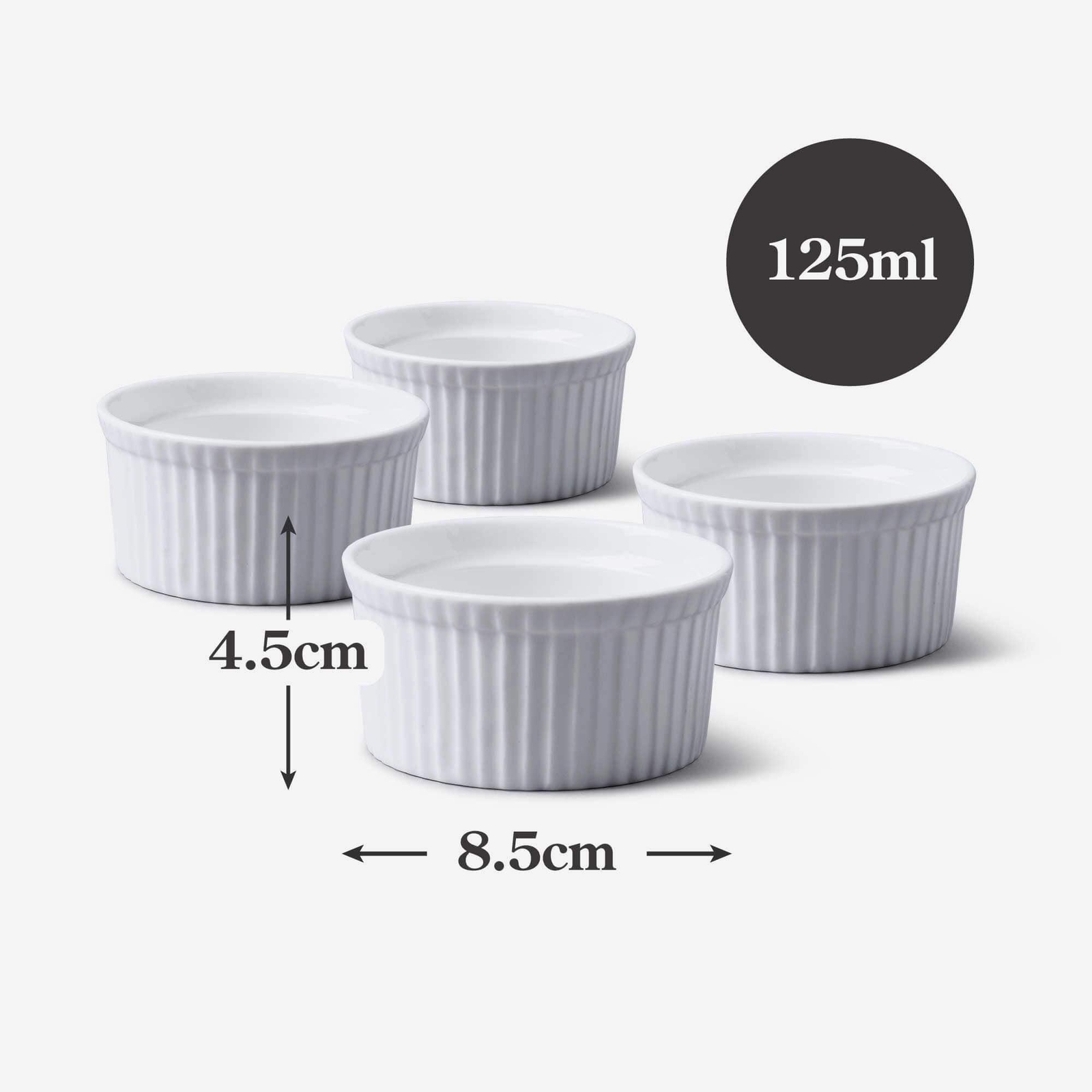 4x Porcelain Fluted Ramekin Dishes 8.5cm 125ml White Sauce Pots Serving Dishes