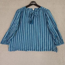 Ann Taylor LOFT Beach Shirt Womens Small Blue Striped Linen Blend Tie Neck Top