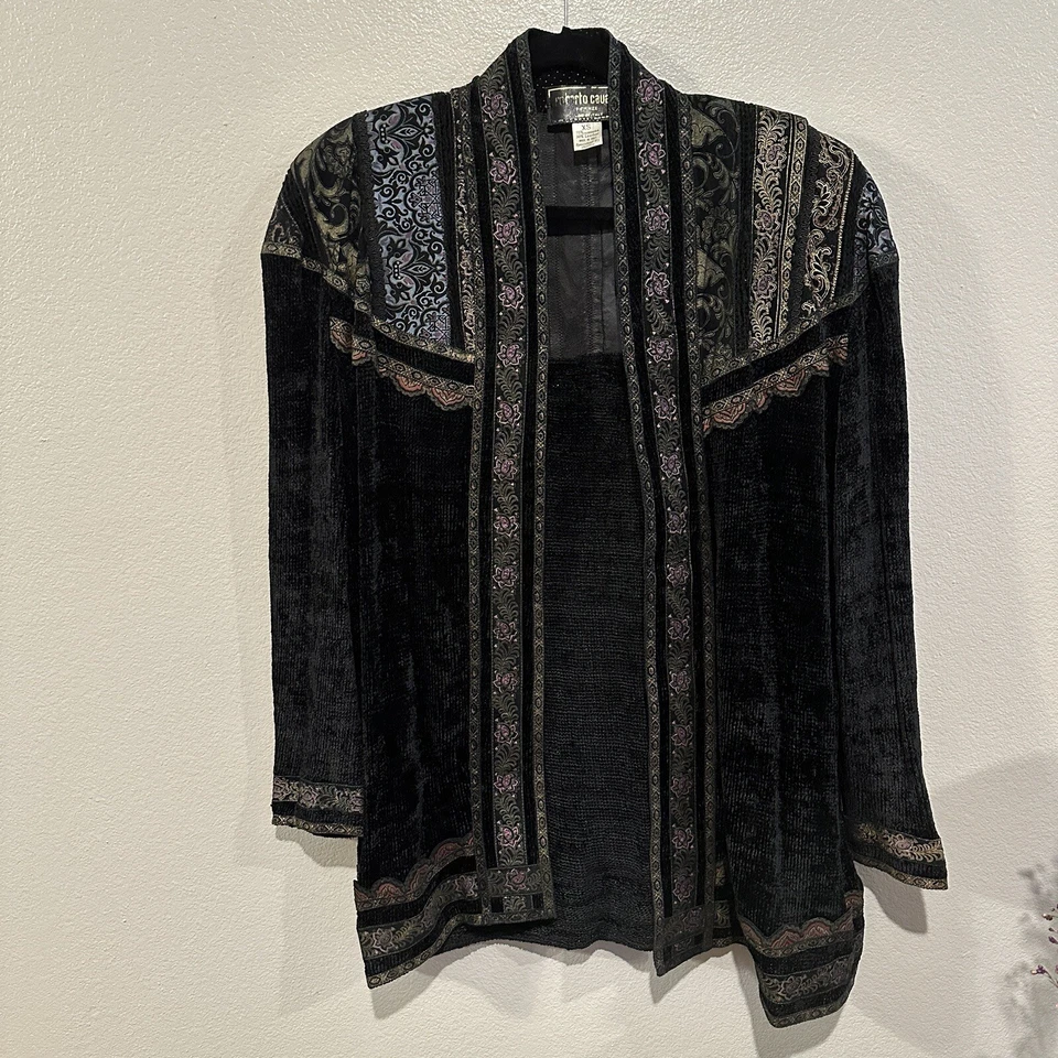 Roberto Cavalli Black Chenille Paisley Painted Leather Trim Duster Jacket XS - Image 2 of 4