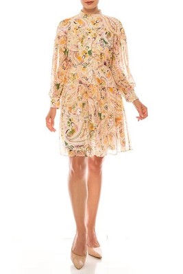 Donna Morgan Soft White Yellow Paisley Print Long Sleeve Dress