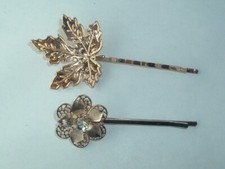 VINTAGE LEAF  FLOWER GOLD TONE METAL BOBBY PIN BARRETTES UP DO HAIR ACCESSORY