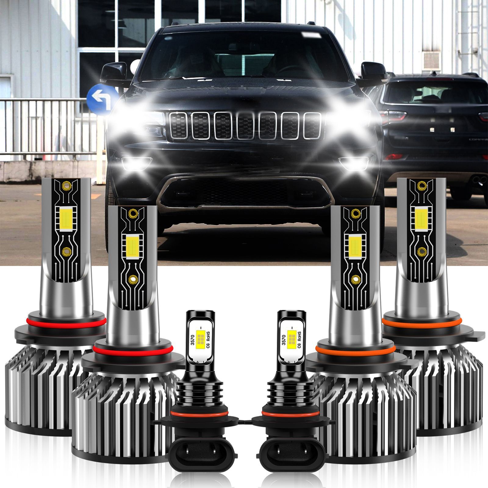 Bright LED Headlight Bulbs with High Low Beam and Fog Lights for 1999-2010 Jeep Grand Cherokee