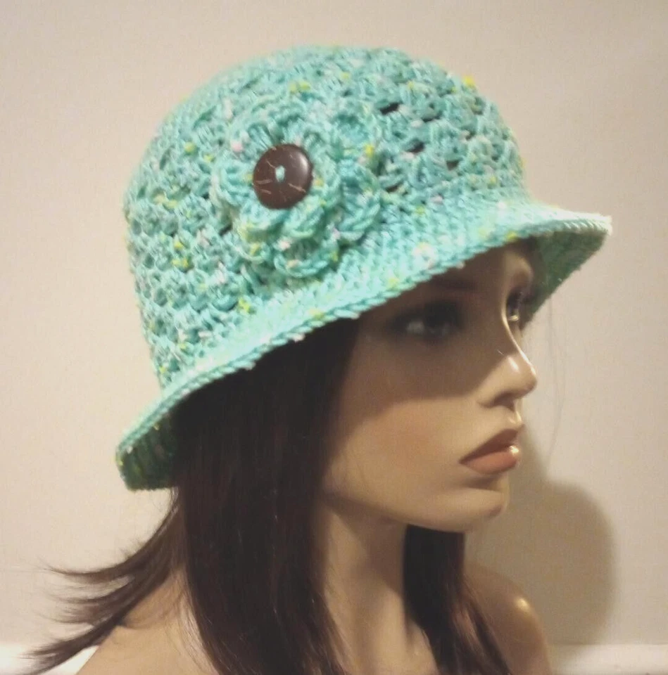 钩针手工女式水桶帽边缘圆盘蓝色斑点 — 第 2/3 张图片