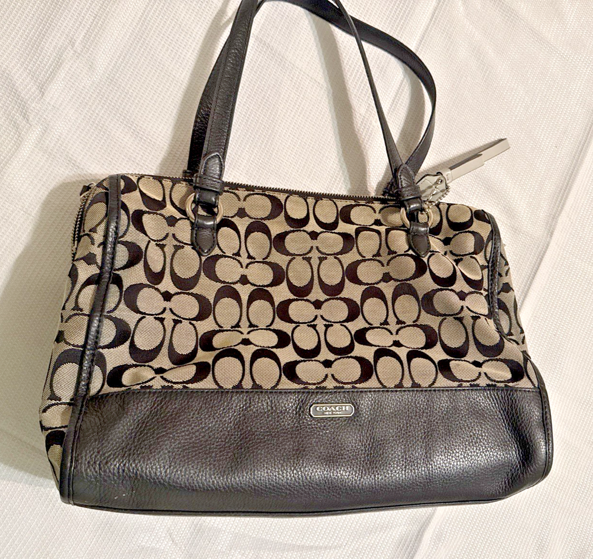 Coach Kathryn Triple Zip Satchel Tote Bag Black & Gray - Smooth