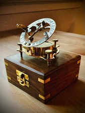 Brass Sundial Compass with Teak Wood Box: Vintage Style Collectible Gift Compass