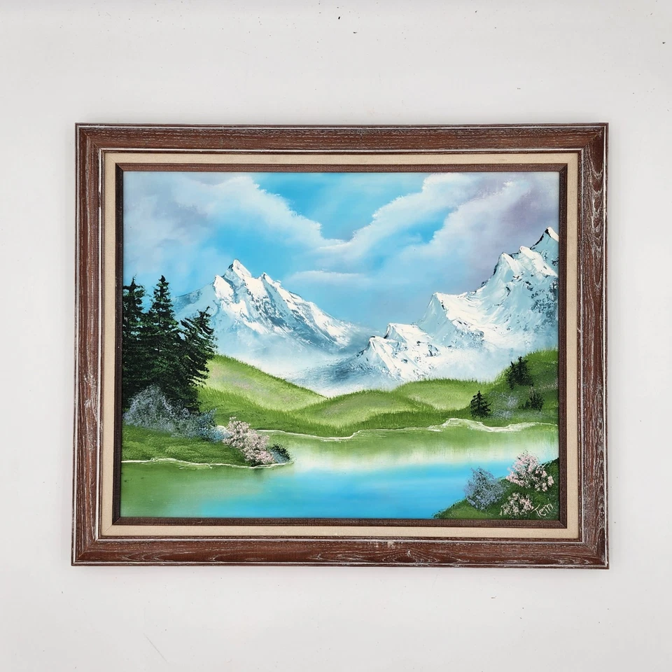 Original Oil Painting Mountain Lake Landscape Bob Ross Style Framed Signed Art - Image 4 of 4