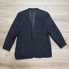 Vintage Collarless Tweed Blazer Dark Gray Window Plaid Flecked Jacket Academia
