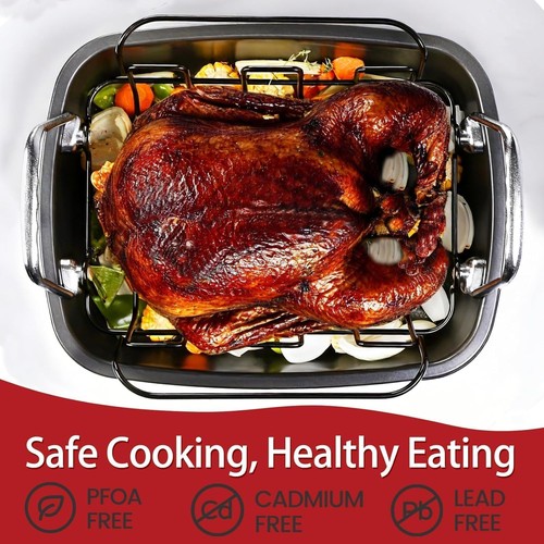 Large Nonstick Roasting Pan Kit Rack 17x13 Inch - Includes Baster Pastry Brush - Picture 3 of 9