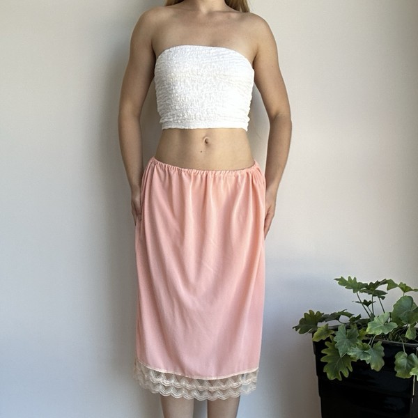 Women's Small/Medium Pink Semi Sheer Lace Detail Midi Slip Skirt