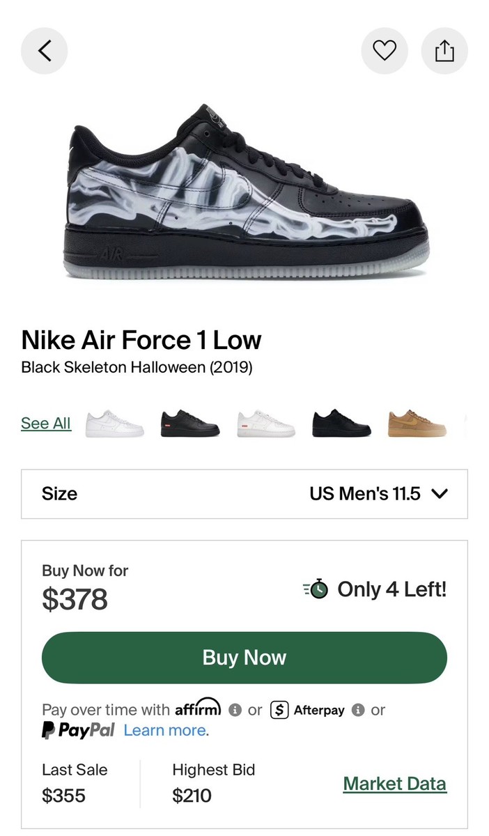 Nike Air Force One Skeleton Halloween 2019 Size 11.5 Men's