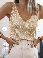 Damen Pailletten Top Trägertop Shirt Bluse Party Glitzer gold Festlich XXL 44
