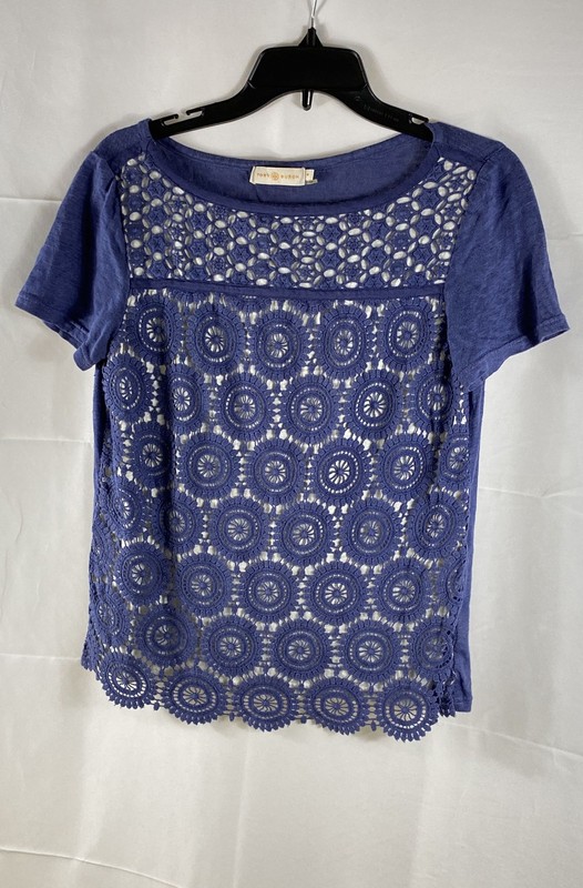 Tory Burch Women's Blue Cotton Lace Front Linen Short Sleeve Blouse Size M