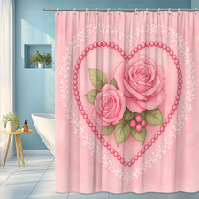 Pink Floral Shower Curtain with Roses and Decorative Design