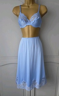 DAMEN VINTAGE WARNER HELLBLAU SEIDIG NYLON/POLYAMID HALB SLIP & BH TOP GRÖSSE 34C