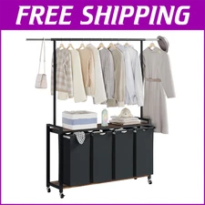 Laundry Sorter Cart w/Hanging Rack Shelf 4 Section Rolling Laundry Hamper Basket