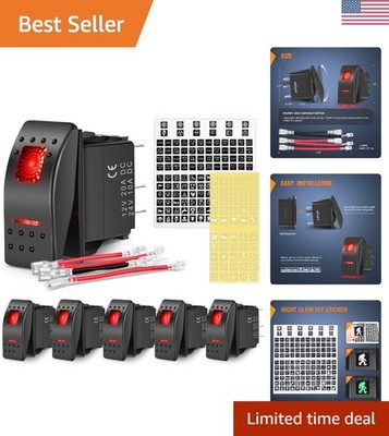 6 Pack Rocker Switches with Night Glow Stickers 5 PIN SPST Red Backlit 12V/24V T