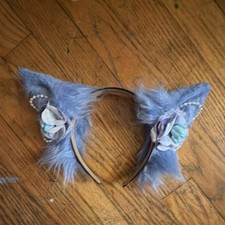Blue Furry Cat Ears Headband Skull Theme with Flowers Beads Blue Purple White
