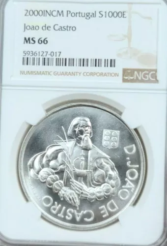 2000 PORTUGAL SILVER 1000 ESCUDOS JOAO DE CASTRO NGC MS 66 GEM BU TOP POP