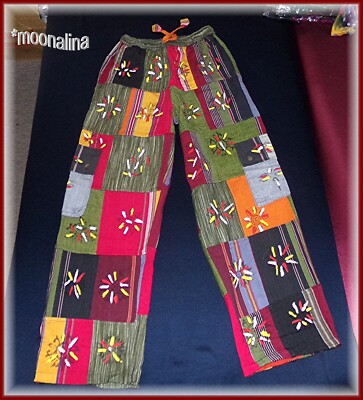 NEU* L * HIPPIE HOSE Goa PATCHWORK Cargo Ethno Sonne Indien BOHO Hand bemalt